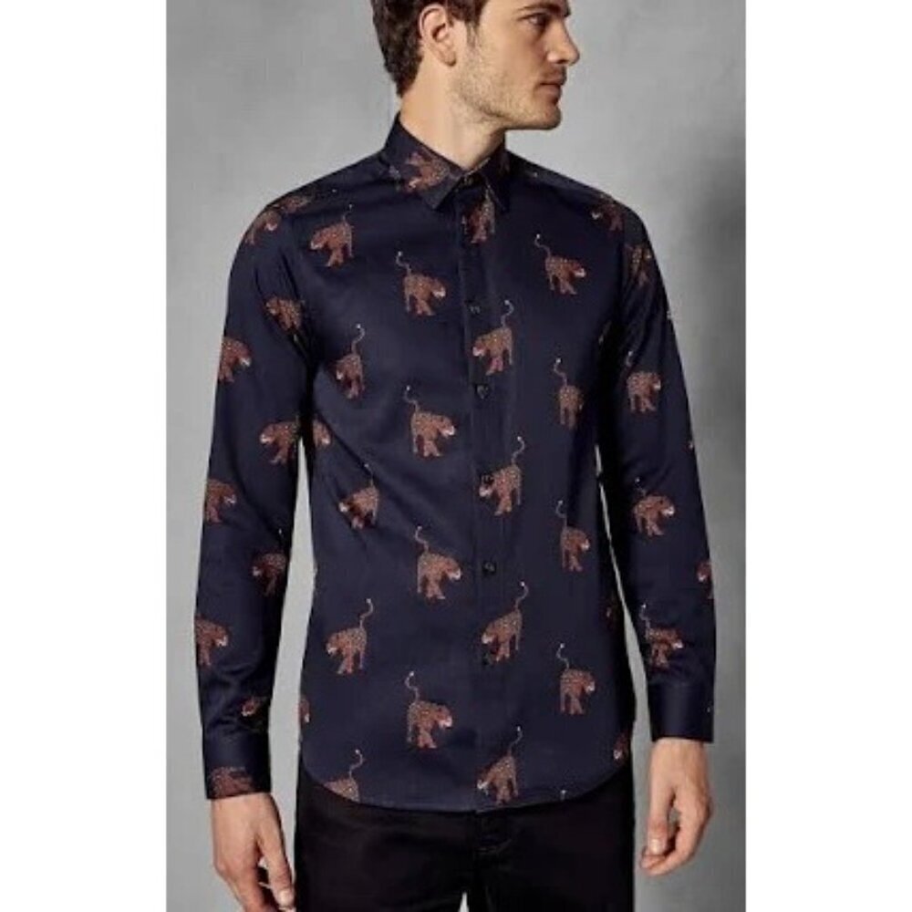 Ted Baker men's buttondown 6 leopard animal print navy blue brown XXL